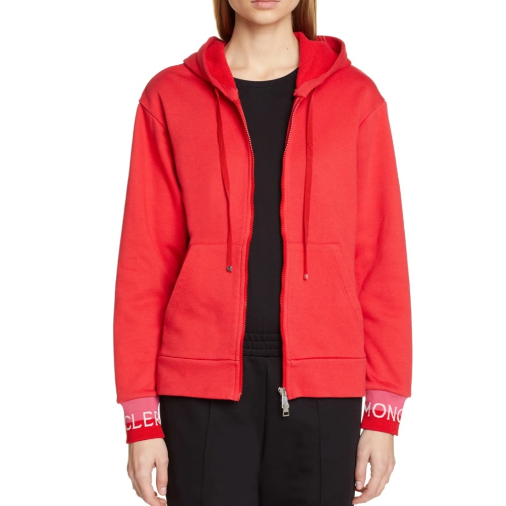 Moncler Logo Embroidered Cuffs Hoodie, Red